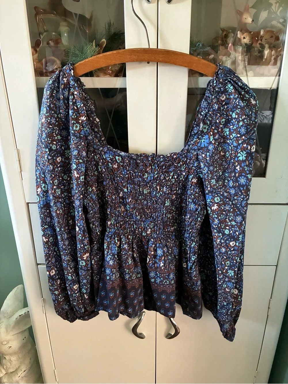 Vineyard Vines sz M Smocked Square-Neck Floral Peasant Blouse - Navy Blue euc